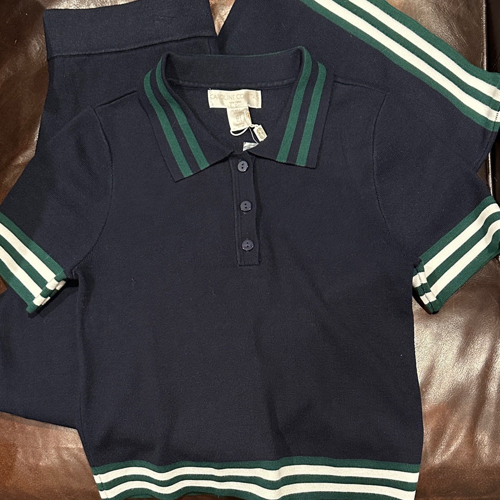 Caroline Constas Navy Polo Knit Set with Green and White Stripes